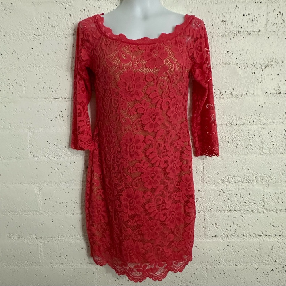 Kimcine Womens Dress XL Pink Lack Bodycon 3/4 Sleeve Nude Lined Y1